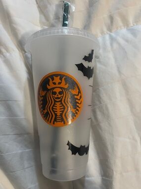 Starbucks Frosted Cup with Orange and Black Halloween Logo